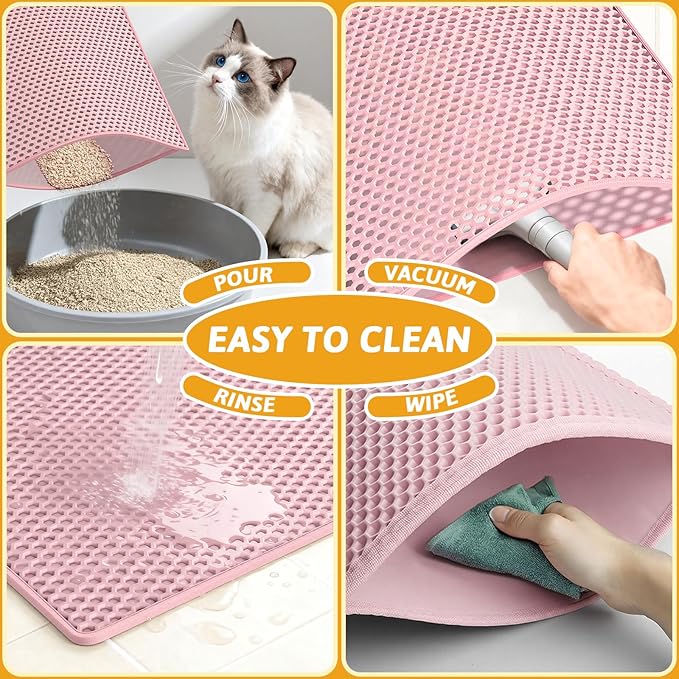 Pieviev Cat Litter Mat Double Layer Waterproof Urine Proof Trapping Mat 1 Pack (Pink, 24x15 Inch (Pack of 1))