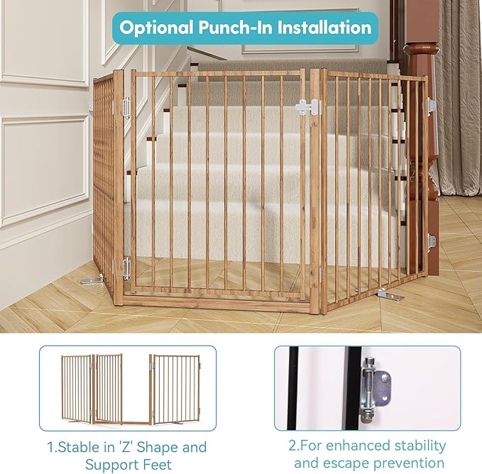 No Pawblems Free Standing Dog Gate with Door, 30'' Tall Foldable Dog Fence for Indoor & Outdoor, Up to 78 Inch Extra Wide Puppy Gate for Stairs, Hallways, Doorways, Deck, Yard (Wood Pattern, 3 Panels)