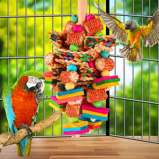 Parrot Toys for Medium and Large Birds Natural Wood Corn Cob Chewing Toy Bird Cage Accessories for African Grey,Macaws,Conure,Cokatoos,Cockatiel,Amazon Parrots