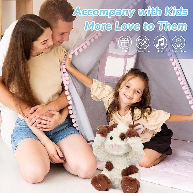 Hopearl Peek A Boo Cow Interactive Repeats What You Say Plush Diary Cattle Toy Musical Singing Talking Stuffed Animal Adorable Electric Animate Gift for Toddlers, Brown, 11''