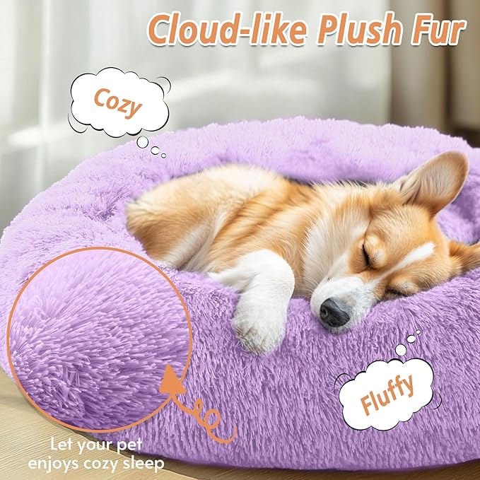 JOLLYVOGUE Calming Small Dog & Cat Bed for Indoor Cats - 20 inches Washable Donut Bed for Kittens & Puppies, Anti-Anxiety Round Fluffy Plush Pet Beds (Fits up to 15 lbs, Purple)