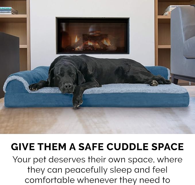 Furhaven Orthopedic Dog Bed for Large/Medium Dogs w/ Removable Bolsters & Washable Cover, For Dogs Up to 55 lbs - Two-Tone Plush Faux Fur & Suede L Shaped Chaise - Marine Blue, Large