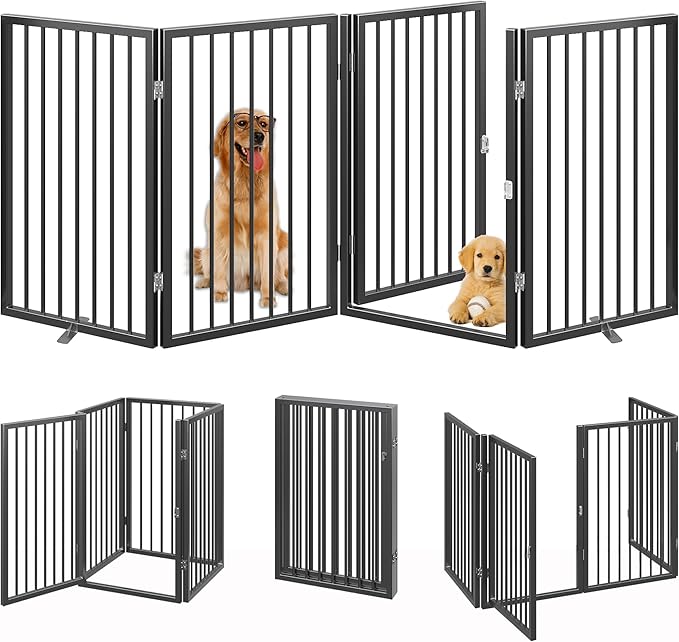Vantas Folding No-Assembly Metal Pet Gate 80" Wide, 32" Extra Tall Dog Gate with Door Walk Through, Freestanding Accordion Puppy Gate Dog Door for Indoor & Outdoor, with 2PCS Support - Black