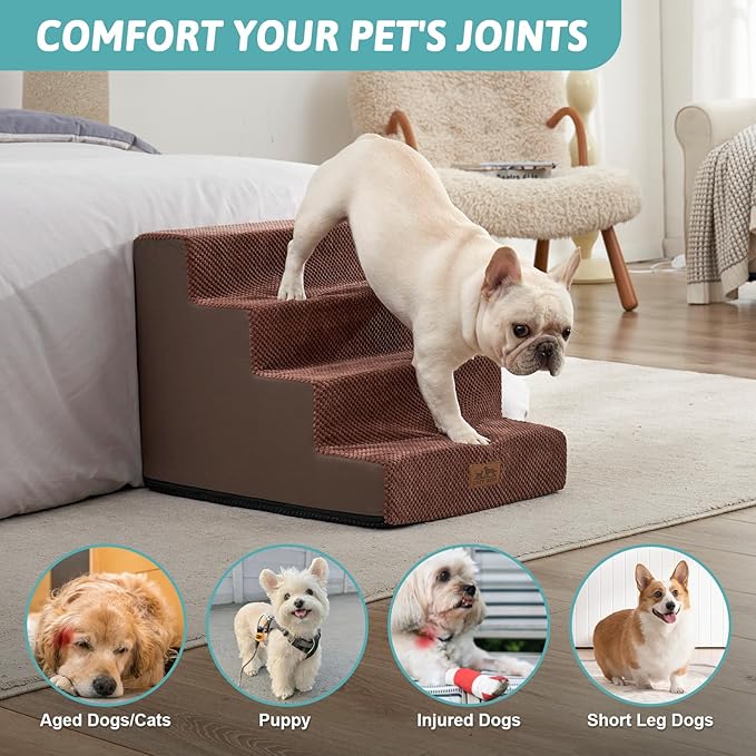 Dog Stairs for Small Dogs, 17.7" Extra Wide Right-Angle Pet Stairs for Couch and Beds, Anti-Slip Dog Steps for Old Cats and Lowrider, 17.7x23.6x17.7 inch, Brown