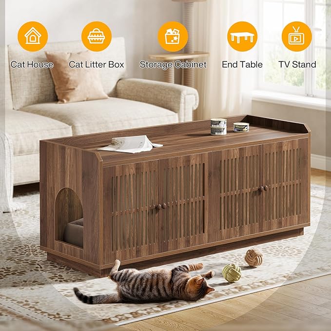 Tribesigns 2 Cats Litter Box Enclosure, 55.1-Inch Extra Large Hidden Litter Box Furniture with 2 Cabinets and Side Entry, Wooden XL Cat Washroom Furniture with Storage for Living Room, Rustic Brown