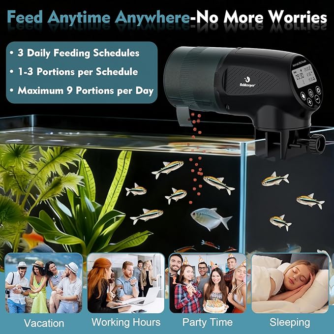 fishkeeper Automatic Fish Feeder for Aquarium - Moisture-Proof and Precision Feeding Auto Fish Food Dispenser with LCD Display Adjustable Betta Vacation Feeder with 2 AA Batteries (200ml)