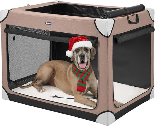Veehoo Extra Large Dog Crate for Indoor Outdoor, Portable Collapsible Travel Dogs Crate, 48 Inch Soft Foldable Pet Kennel with 4-Door Mesh Windows