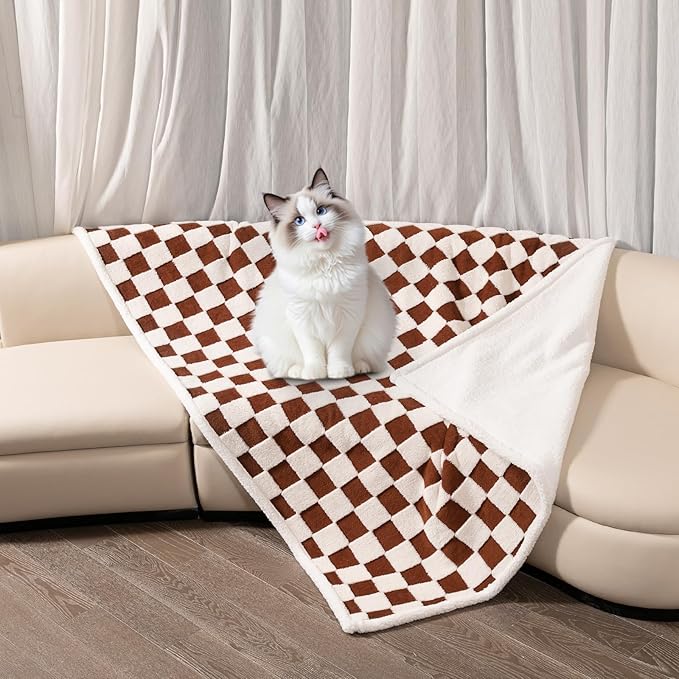 Waterproof Pet Blanket,Dog Bed Covers Couch Sofa Stylish Jacquard Pets Throw Blankets for Puppy Cats Washable Reversible Furniture Protection Covers (Coffee Check,L)