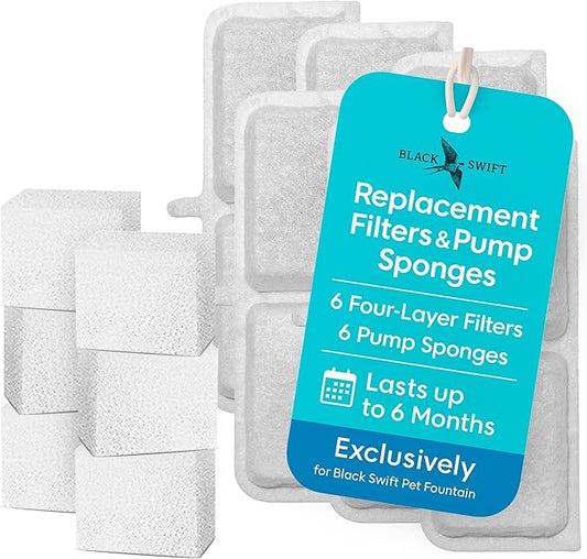 BLACK SWIFT Replacement Filters & Sponges – 12-Pack (6 Filters + 6 Sponges) – 4-Layer Dog & Cat Water Fountain Filter for Indoor Pet Hydration – Only for Black Swift Pet Fountain