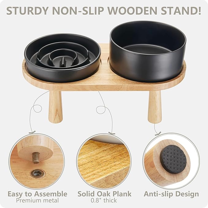Ceramic Slow Feeder and Water Bowl Set for Medium and Large Dogs, 8.0inch Ceramic Dog Bowls Elevated with Wooden Stand, 2.0 Cups Dog Slow Feeder(30oz) and 70oz Water Bowl Set, Black