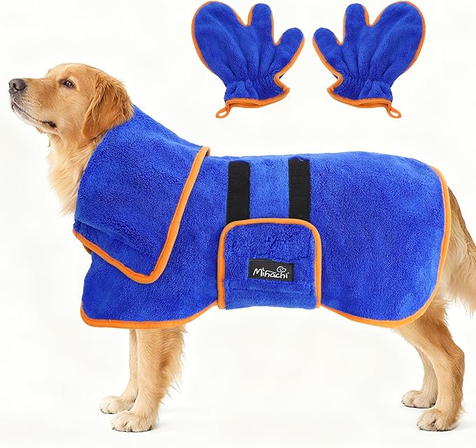 Mihachi Dog Bathrobe Towel Wrap Fast Drying with Drying Gloves Set, Super Absorbent Coral Fleece Dog Drying Coat Bath Robe for Puppy, Medium & Large Dogs, Adjustable Collar & Belly Strap, Blue 2XL