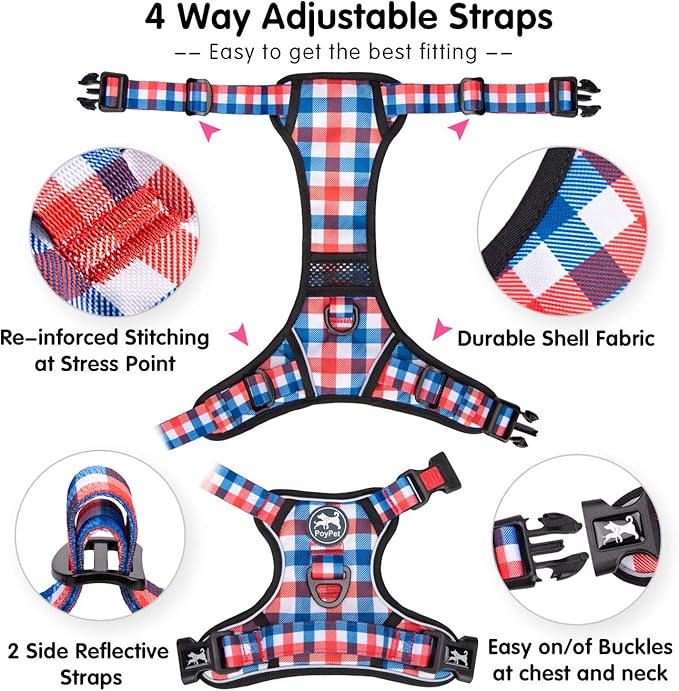 PoyPet Plaid Dog Harness, No Pull Front Clip Pet Vest Harness, Soft Padded Reflective Adjustable Walking Harness with Handle for Large Medium Small Dogs(Checkered Blue, XL)