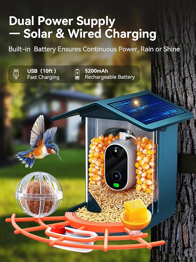 outinput 2.5K Smart Bird Feeder with Camera Solar Powered, AI Bird Species Identification, Squirrel Proof, Real-Time Video Notifications, Weatherproof, Ideal Gift for Family and BirdLovers, Navy Blue
