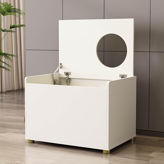 Top Entry Litter Box Enclosure, Modern Flip Top Litter Box Furniture with Cat Scratch Mat, Side Table (White)