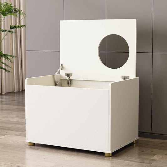 Top Entry Litter Box Enclosure, Modern Flip Top Litter Box Furniture with Cat Scratch Mat, Side Table (White)