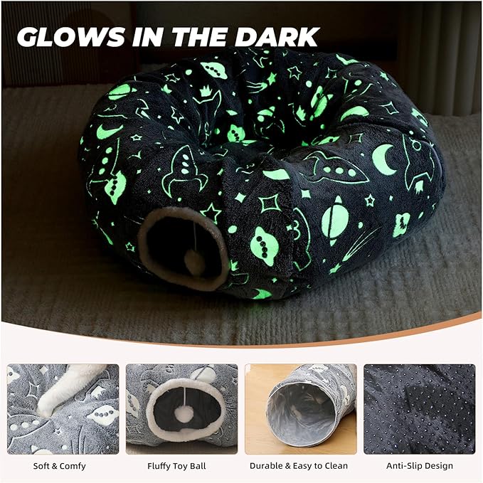 Large Cat Tunnels Bed Tube for Indoor Cats Under Christmas Tree Glows in The Dark Cat Tunnel with Cushion and Plush Ball Toy Longer Playground Toys for Dog Puppy Kitten Pet Gray