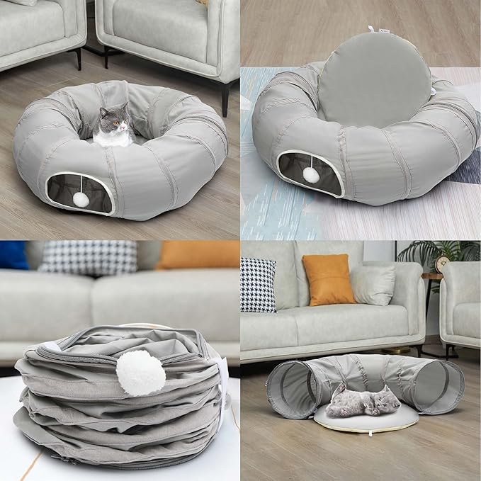 AUOON Cat Play Tunnel - Christmas Tree Cat Tunnel, Round Cat Tunnel with Bed | Interactive Cat Toys for Indoor Cats Kitten Kitty Puppy Rabbit Ferret (Light Grey)