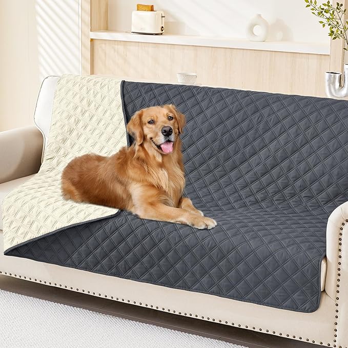 Smiry Waterproof Dog Bed Cover Pet Blanket, Soft Washable Dog Blanket for Furniture Bed Couch Sofa Reversible, Checkered (52"x82", Dark Grey/Beige)