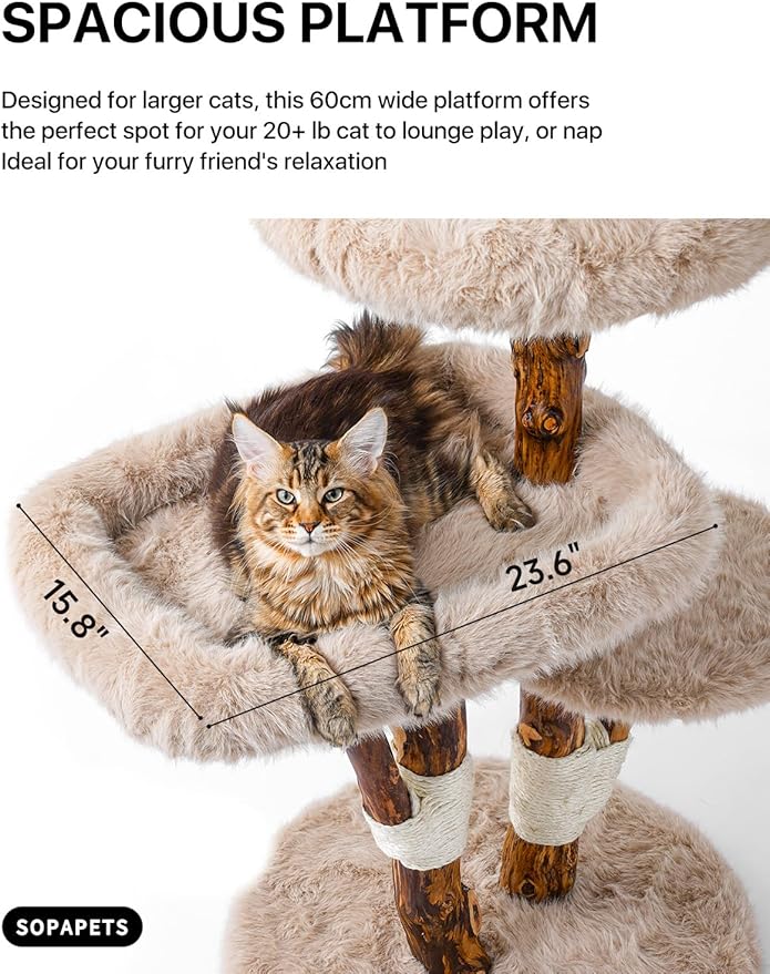 Aesthetic Cat Tree Tower for Large Cats, Large Cat Tree for Maine Coon Indoor Cats with Faux Fox Fur, Solid Wood Sisal Scratching Post, Perches, Platform & Toy Ball