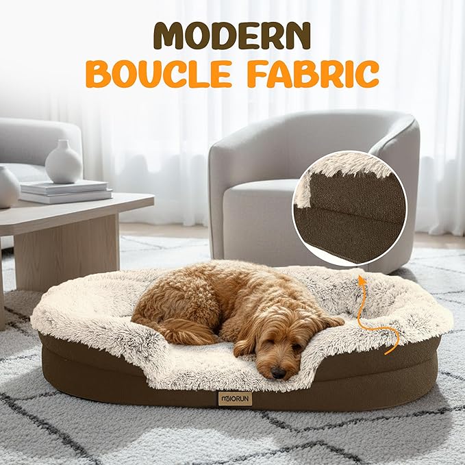Fluffy Orthopedic Dog Bed for Extra Large Dogs, Calming Plush Sofa Bed with Curved Bolster Support and Egg-Crate Foam Base, 48" Cozy Oval Pet Donut Bed with Washable Cover, Coffee