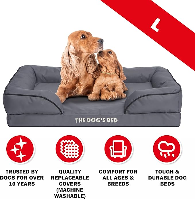 The Dog’s Bed, Orthopedic Standard Foam Waterproof Dog Bed with Standard Support, Large Grey with Black Trim, Waterproof, Supportive Dog Bed with Replaceable Covers, Veterinary Approved