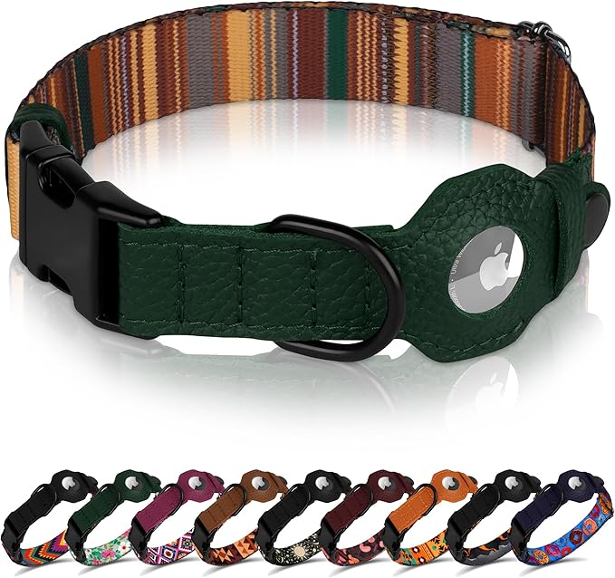 AirTag Dog Collar with Metal Buckle - Printed Nylon Soft Leather Dog Collar with Apple AirTag Holder - Secure Tracking GPS Pet Collars for Girl Boy Small Large Dogs (XL, 20"-25" Neck Fit, Striped)