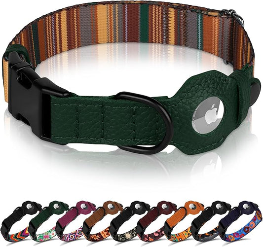 AirTag Dog Collar with Metal Buckle - Printed Nylon Soft Leather Dog Collar with Apple AirTag Holder - Secure Tracking GPS Pet Collars for Girl Boy Small Large Dogs (XS, 9"-12" Neck Fit, Striped)