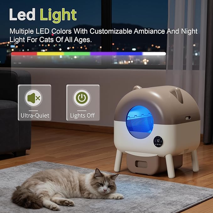 Greesum 76L Large Capacity Fully Enclosed Automatic Litter Box, Cat Ear Design with Garbage Bags Aroma Box and Brush for Multi - Cat Families (Brown)