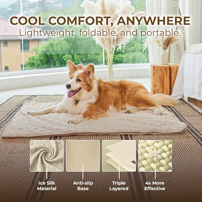 Pelsbarn Dog Cooling Mat- Ice Silk Summer Comfort, Self Cooling, Non-Slip Dog Pad, Durable & Washable, Mat for Large Dogs 25" x 37", Support Shelter Dogs with Every Purchase (Beige)