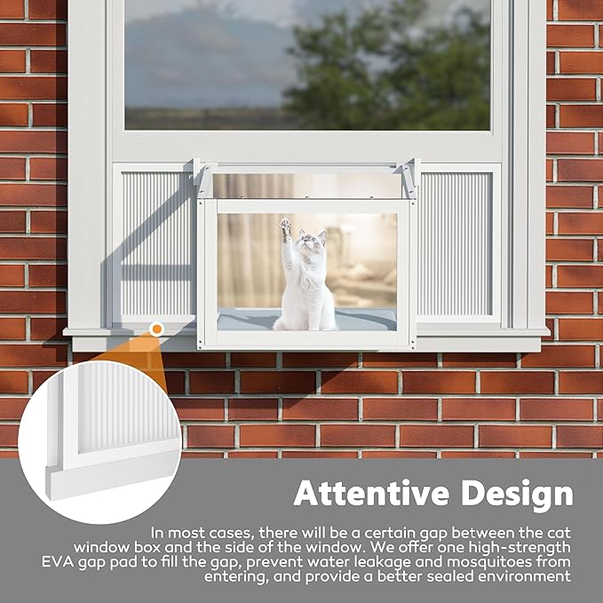 Cat Window Box, Adjustable Window Cat Perch Catio, Wooden Window Catio for Indoor Cats, 304 Iron Mesh, Fits Vertical Window Frames 26" to 42" Wide, Sunbathing, Overlooking, White