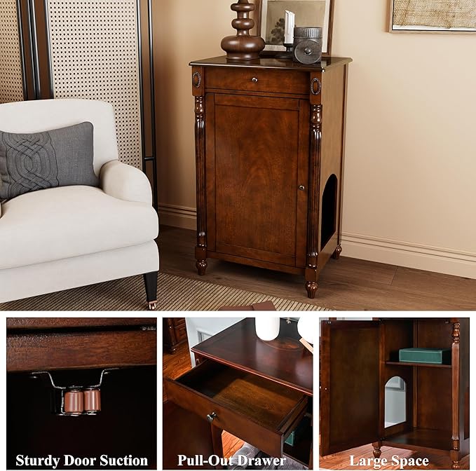 2-Set Solid Wood Cat Litter Box Enclosure, Hidden Litter Box Furniture, Wooden Pet House Storage Cabinet, Wooden Floor Cabinet for Hallway, Entryway or Living Room Home Decor, Cherry Walnut