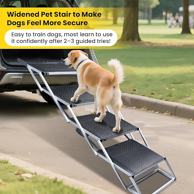 Dog Stairs for Large Dogs, Extra Wide Dog Ramp for Car with Non-Slip Surface, Folding and Portable Dog Car Ramp for SUV & Car, Outdoor, Supports up to 250 lbs, 4 Steps