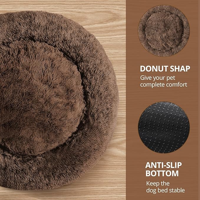 JOLLYVOGUE Calming Small Dog & Cat Bed for Indoor Cats - 20 inches Washable Donut Bed for Kittens & Puppies, Anti-Anxiety Round Fluffy Plush Pet Beds (Fits up to 15 lbs, Coffee)