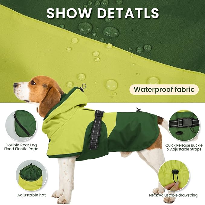 BRKURLEG Dog Raincoat for Small Medium and Large Dogs Waterproof Dog Rain Jacket Adjustable Hooded Dogs Raincoat Pet Rain Coat Poncho with Leash Hole, Reflective Strip, Green, XXXL