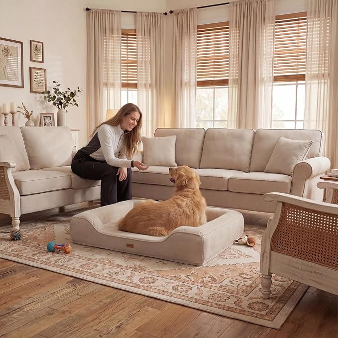 Cooling Orthopedic Extra Dog Beds with Washable Removable Cover,Cool Gel Memory Foam Couch Bed for Jumbo Dogs with Non-Slip Bottom and Egg-Crate Foam Big Waterproof,48.0" LX30.0 WX9.0 Th Beige