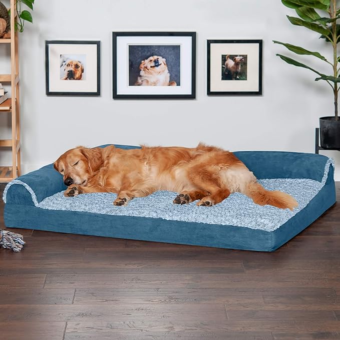FurHaven Orthopedic Dog Bed for Large Dogs, L-Shaped Chaise Sofa with Orthopedic Egg Crate Foam for Joint Support, Removable Washable Cover, Jumbo XL, Faux Fur & Suede, Marine Blue
