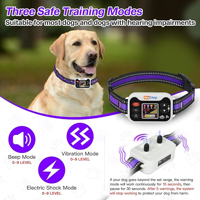 WeChip Wireless GPS Dog Fence Collar - 3 Alerts (0-9 Levels), 66-6560FT Radius, 122H Rechargeable Battery.Waterproof Shock Collar for Lawns, Farms & Walks. (Purple)