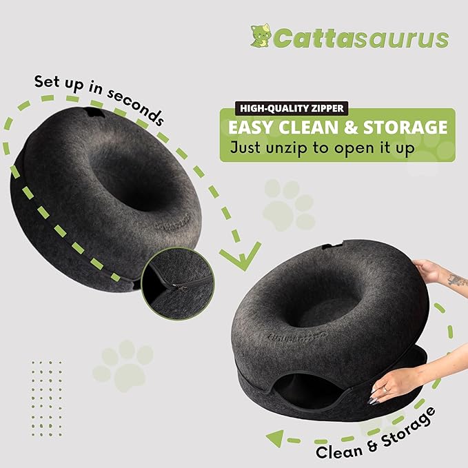 Cattasaurus Peekaboo Cat Cave Donut for Multiple & Large Cats up to 30-45 lbs, 3-in-1 Self Warming Cat Bed, Tunnel & Scratcher for Indoor Cats, Washable & Detachable Small Dog Bed (Dark Gray, Jumbo)