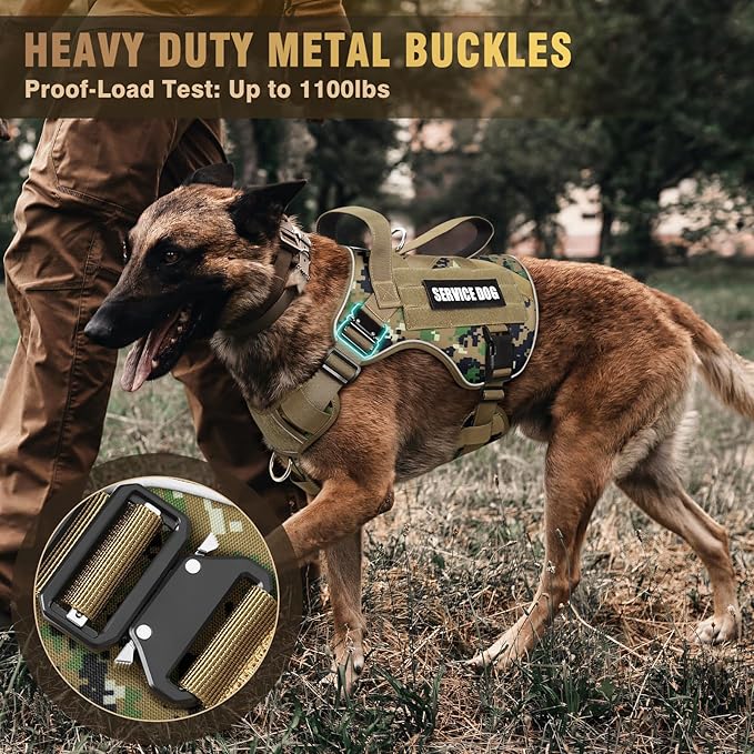 WINSEE Tactical Dog Harness for Medium Dog, Heavy Duty Service Working MOLLE Vest with 10 Pet Patches, 2X Metal Buckle Vest for Training Hunting Walking
