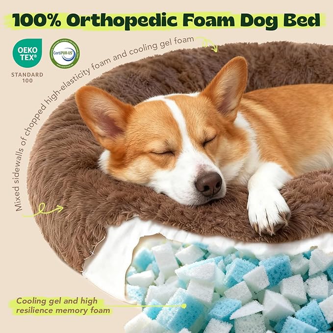 Waterproof Memory Foam Dog Beds for Large Dogs Machine Washable,Round Plush Anxiety Orthopedic Bolster Pet Bed with Removable Cover,Fluffy Donut Calming Sofa to Care Arthritis 42 Inch,Camel