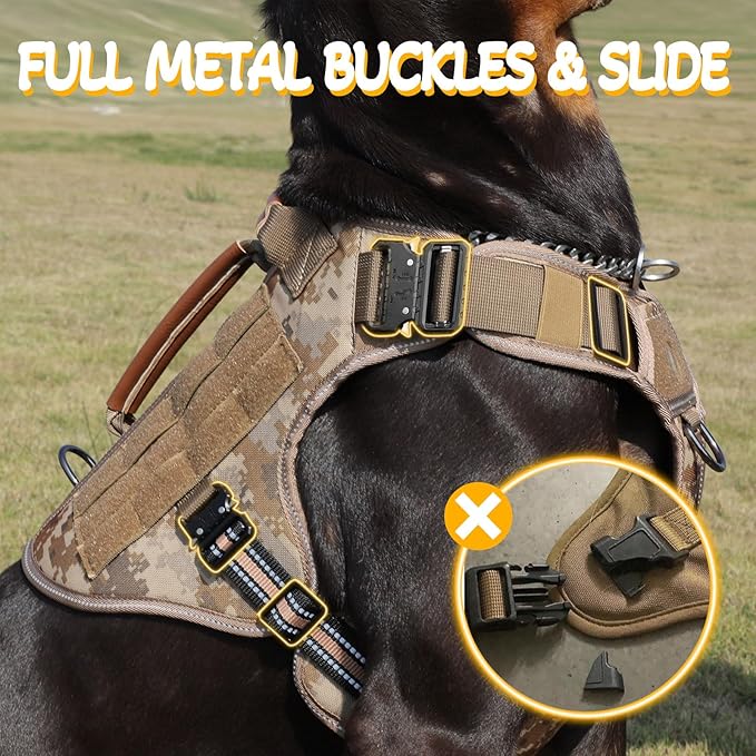 Service Dog Vest - HEYCAHVA Tactical Dog Harness Full Metal Buckles Dog Vest for Large Medium Dog Reflective No Pull Dog Harness with Leather Handle, Hook & Loop for Hiking Training (Desert Camo, XL)