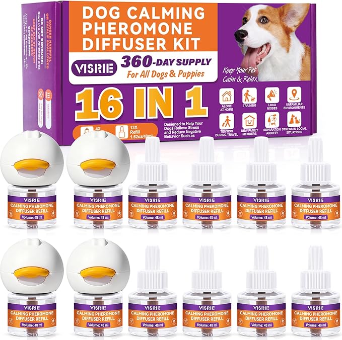 Dog Pheromone Calming Diffuser 16-in-1 Kit Appeasing Pheromone Diffuser to Calm Dogs (4 Plugin+12x48ml Refills) for Anxiety Relief Reduce Barking Aggression Fighting Stress 360 Day Supply(Tasteless)