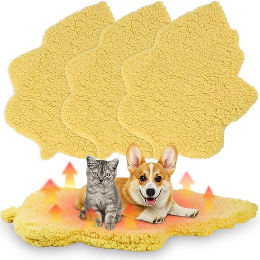 3 Pack Self Warming Cat Dog Bed Leaf Shape Self Heating Pet Mat Non Electric Washable Thermal Sleeping Pad Plush Heated Pet Mat for Crate Floor Indoor Outdoor (Light Yellow,Large-19 x29)