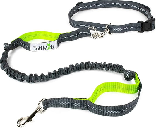 Tuff Mutt Hands Free Dog Leash for Walking Running Hiking, Waist Leash with Bungee, Adjustable Belt, Reflective Double Handle Design for Large Medium Dogs