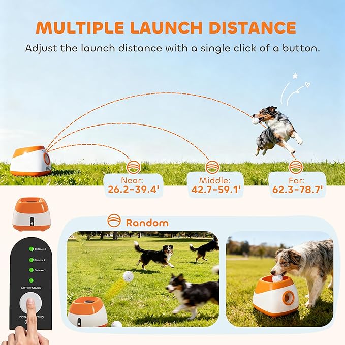 PawHut Automatic Dog Ball Launcher, 26-79 FT Adjustable Distance, Rechargeable Dog Ball Thrower with 6 ETPU Tennis Fetch Toys 2.5", Low Noise, Remote Control, for Medium to Large Breeds, Orange