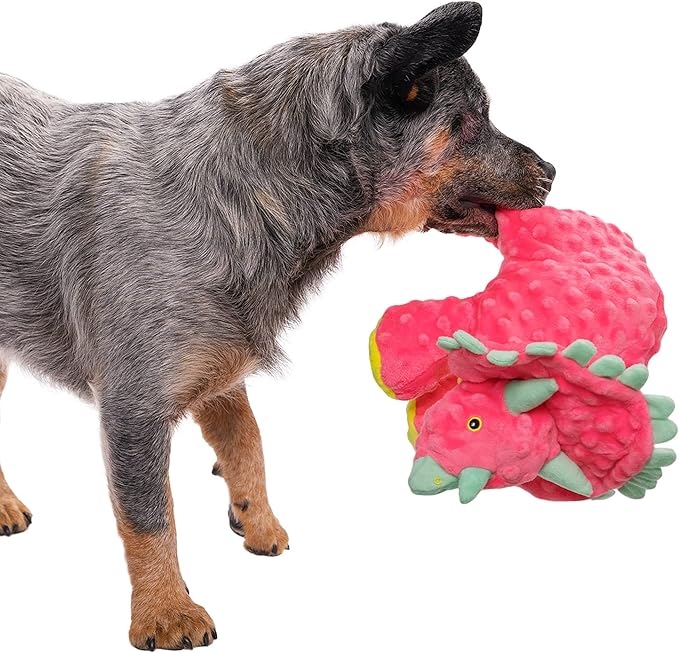goDog Dinos Frills Squeaky Plush Dog Toy, Chew Guard Technology - Pink, Large