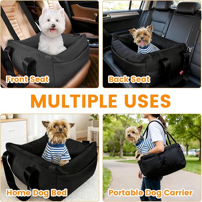 Dog Car Seat for Small Dogs, Large Leather Dog Car Bed with Storage Pocket, Waterproof PVC Leather Booster Seat Travel Bed for Front & Back Seat, Clip-On Safety Leash (Black)