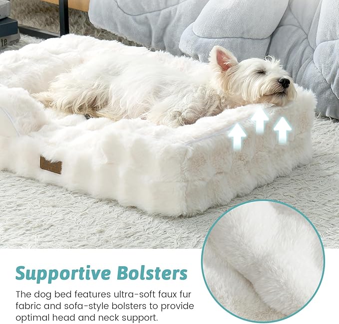 Orthopedic Dog Bed for Medium Small Size Dog, Soft and Warm Faux Fur Sofa for Pet Up to 40 lbs, Foam Bolster Anti-Slip Couch with Washable Removable Cover, M 30x20x6.5 inch, Beige