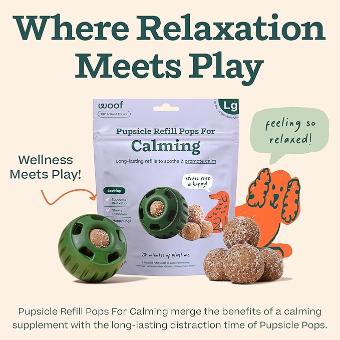 WOOF Pupsicle Calming Starter Kit - Pupsicle and Calming Pops Bundle - Long-Lasting Interactive Dog Toy - 10 Refills with Thiamine, Tryptophan, Passion Flower for Medium and Large Dogs 25-75 lbs