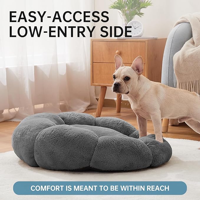 OhGeni 27 inches Calming Donut Dog & Cat Bed for Medium Pets, Warming Comfort Fluffy Short Pile Fur, Durable Machine Washable Round Bed, Cute Round Bed for Puppy and Kitten, Dark Gray